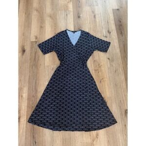 41 Hawthorn‎ Faux Wrap Dress Womens 1X Navy Blue Geometric Cube A-Line Mod Retro